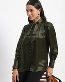 Madame Tie Up Neck Cuffed Sleeve Olive Top