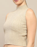 Madame Ribbed Mock Neck Camel Brown Sleeveless Sweater