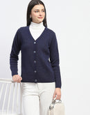 Madame V Neck Buttoned Navy Blue Cardigan