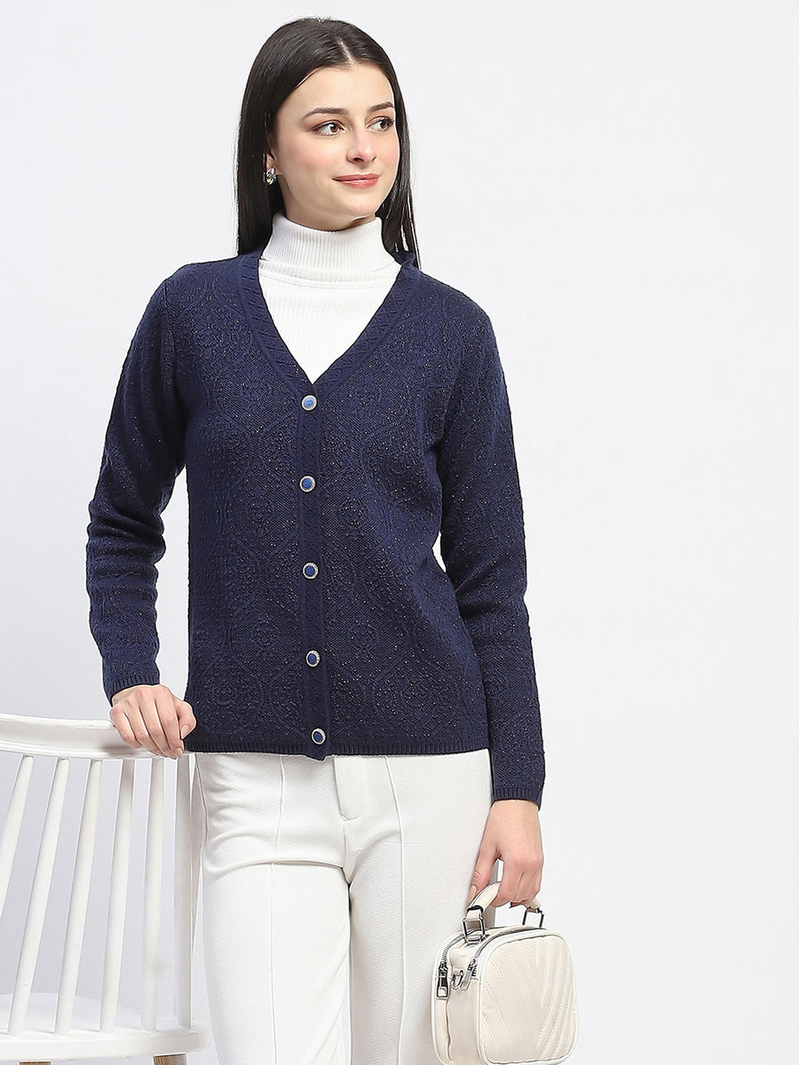 Madame V Neck Buttoned Navy Blue Cardigan