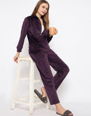 mSECRET Velour Branding Zipped Deep Wine Top and Bottom Night Suit