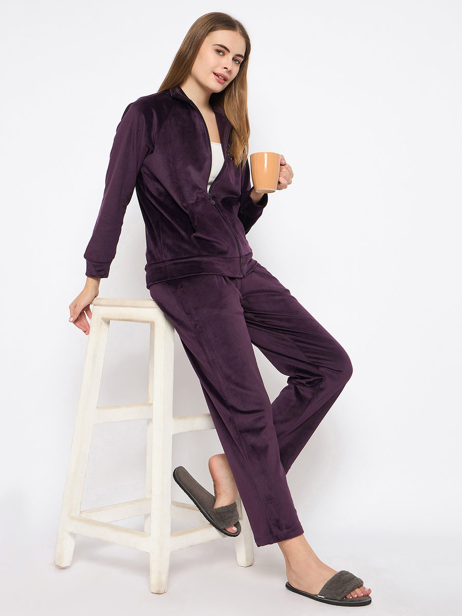 mSECRET Velour Branding Zipped Deep Wine Top and Bottom Night Suit