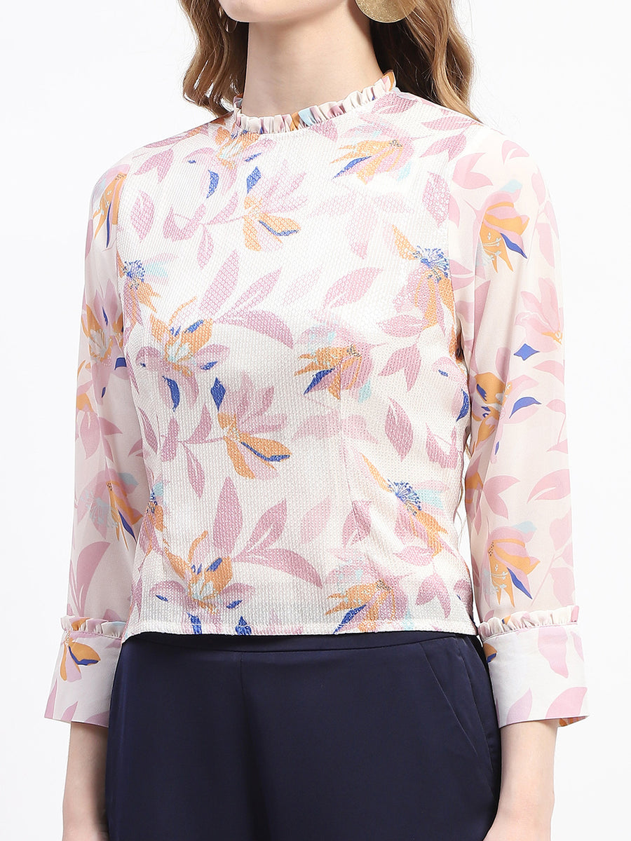 Madame Floral Print Off-White Mock Neck Top