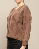 Madame Fringe Detailed V Neck Brown Sweater