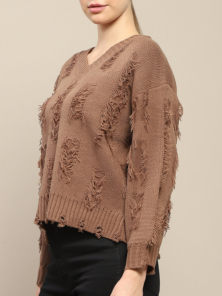 Madame Fringe Detailed V Neck Brown Sweater