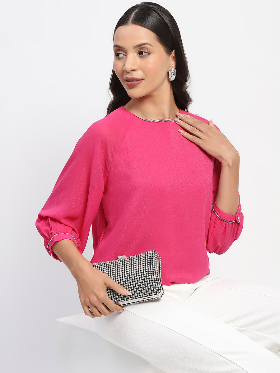 Madame Embellished Puffed Sleeve Hot Pink Top