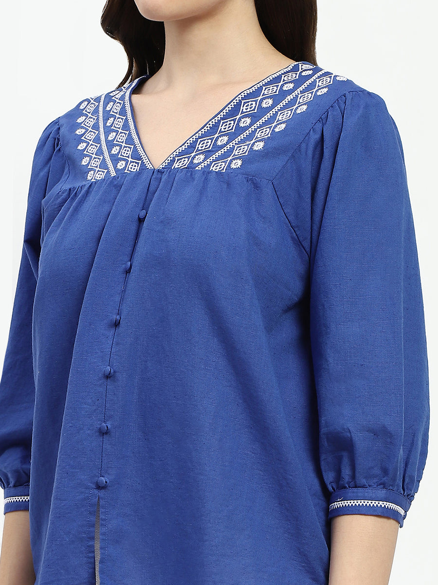 Madame Royal Blue Linen Cotton Blend Tunic Top