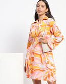 Madame Cinch Waist Abstract Print Bell Sleeves Orange Dress