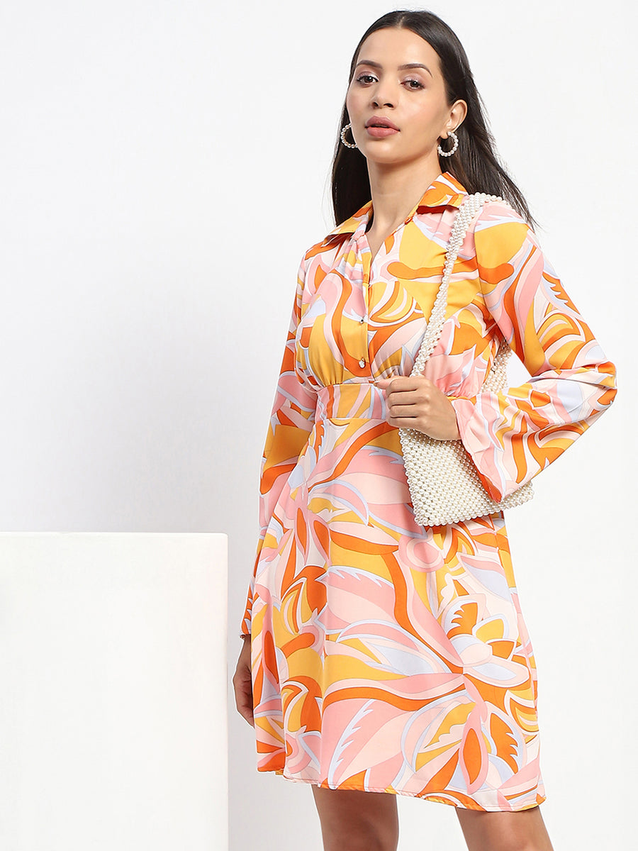 Madame Cinch Waist Abstract Print Bell Sleeves Orange Dress