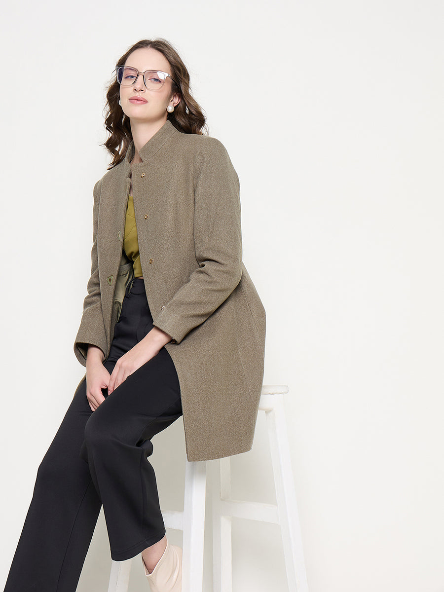 Madame Mélange Button Detailed T Neck Olive Long Coat