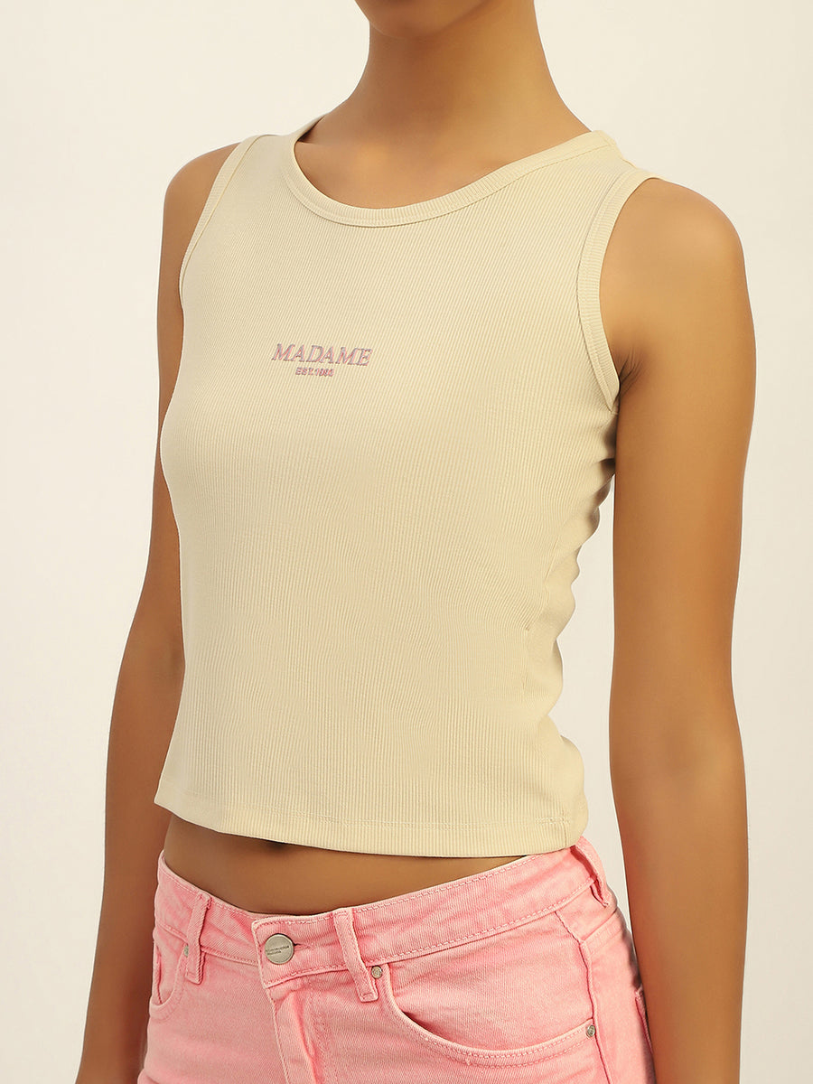 Madame Typography Printed Cream Cotton Top