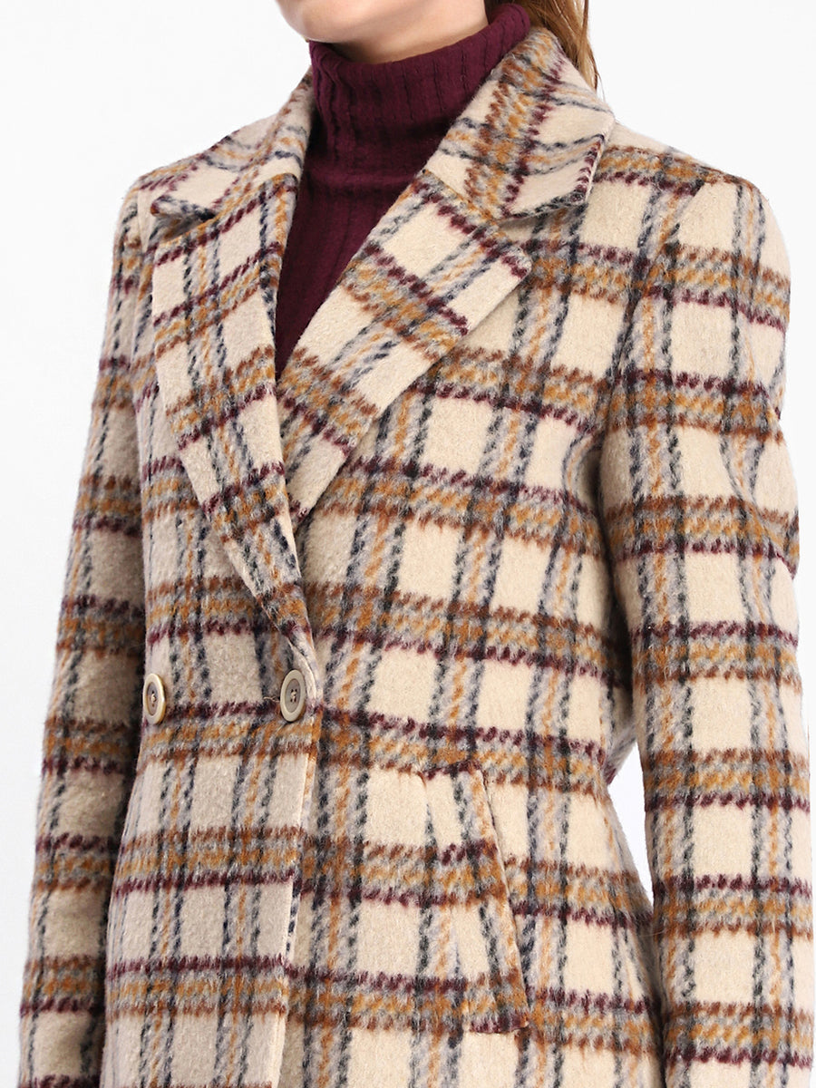 Madame Plaid Lapel Collared Welt Pocketed Beige Coat