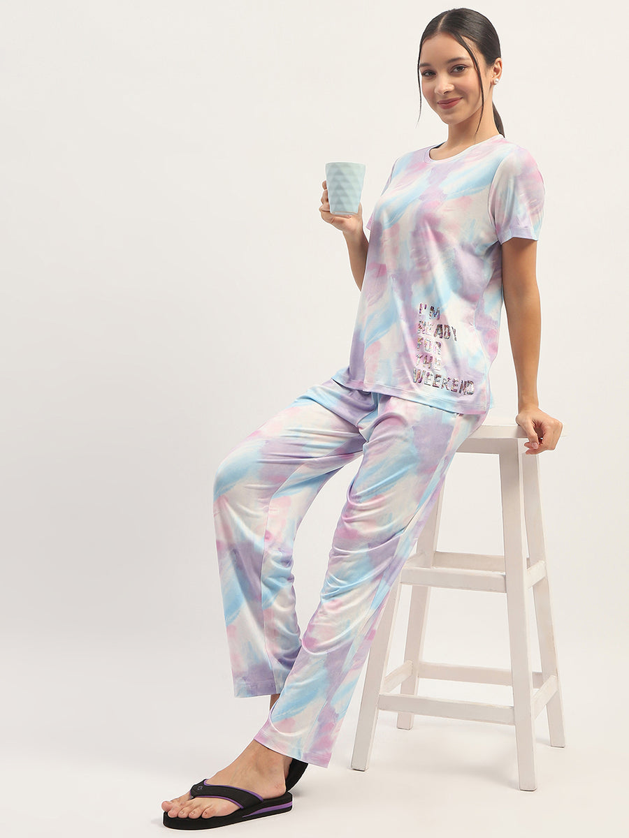 mSECRET Tie Dye Effect Print Mauve Top with Printed Pyjama and Shorts Set