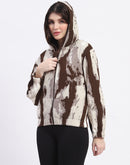 Madame All Over Print Zipped Brown Hooded Sweatshirt For Women