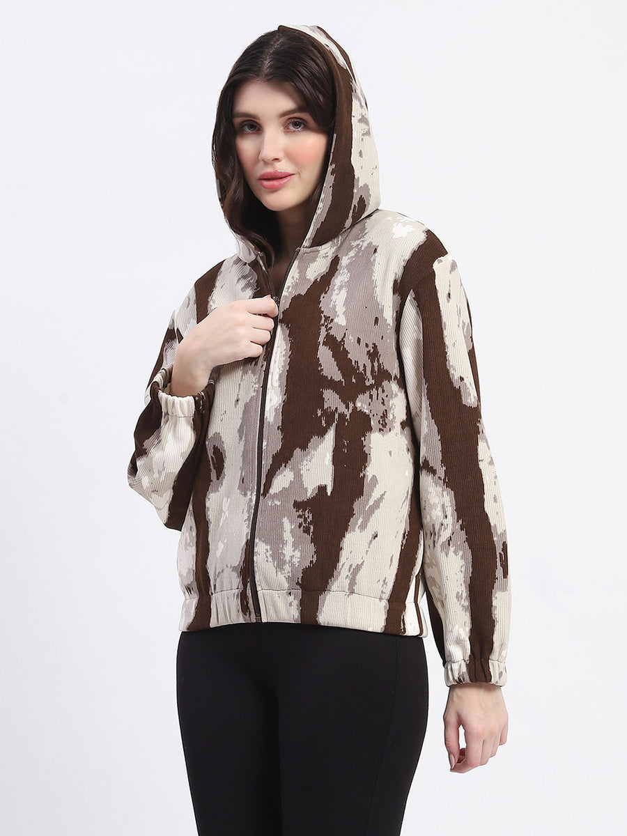 Madame All Over Print Zipped Brown Hooded Sweatshirt For Women