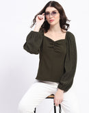 Madame Sweetheart Neck Elasticated Rush Detailed Solid Olive Knit moss Top