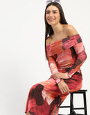 Madame Shanaya Kapoor Abstract Print Off Shoulder Semi Sheer Orange Maxi Dress