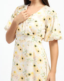 Madame Floral Print Wrap Detailed Yellow Midi Dress