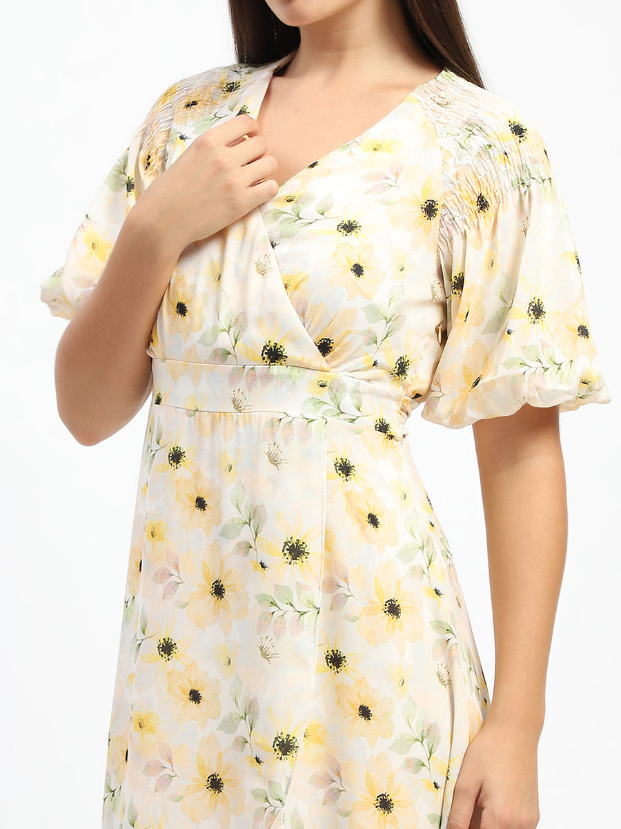 Madame Floral Print Wrap Detailed Yellow Midi Dress