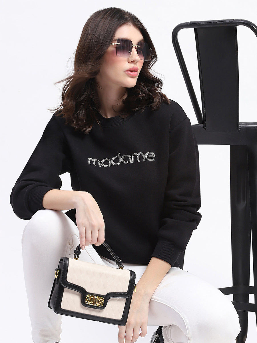 Madame Fleece Handwork And Embroidered Black Sweatshirt  For Women