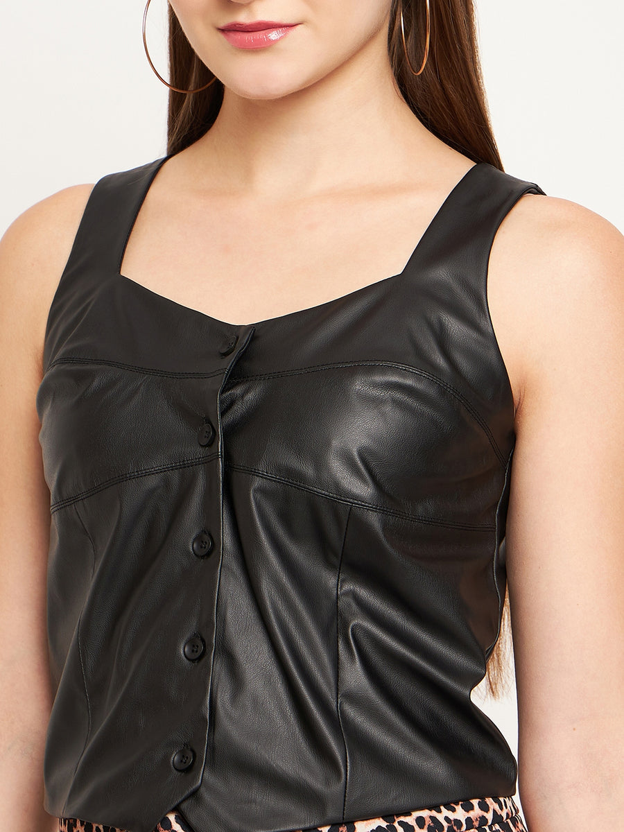 Madame Black Faux-Leather Sweetheart Neck Crop Top