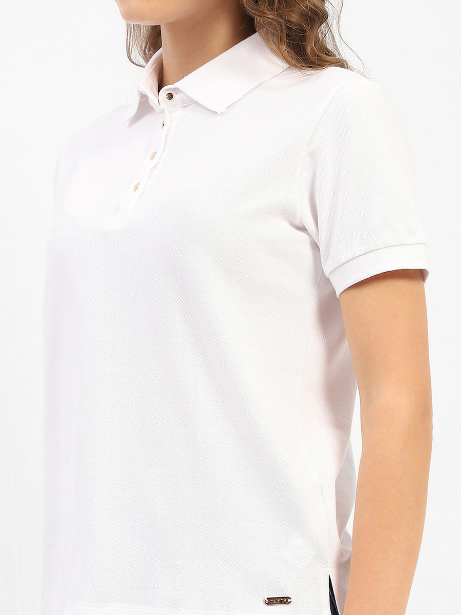 Madame White Polo Neck Solid Cotton T-Shirt