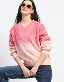 Madame Ombre Print Textured V Neck Pink Sweater