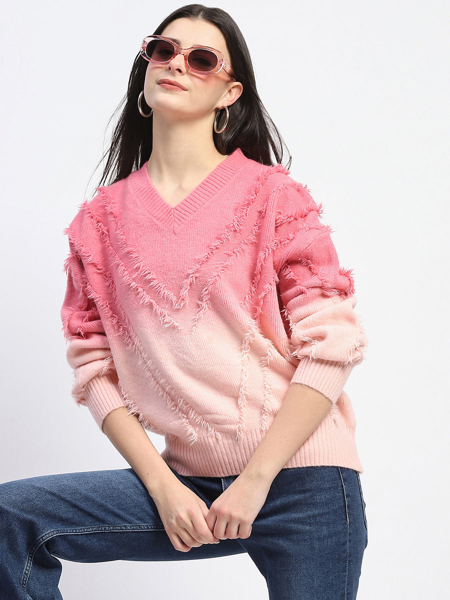 Madame Ombre Print Textured V Neck Pink Sweater