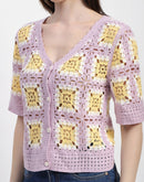 Madame Crochet Knit Button-Down Mauve Cotton Crop Top