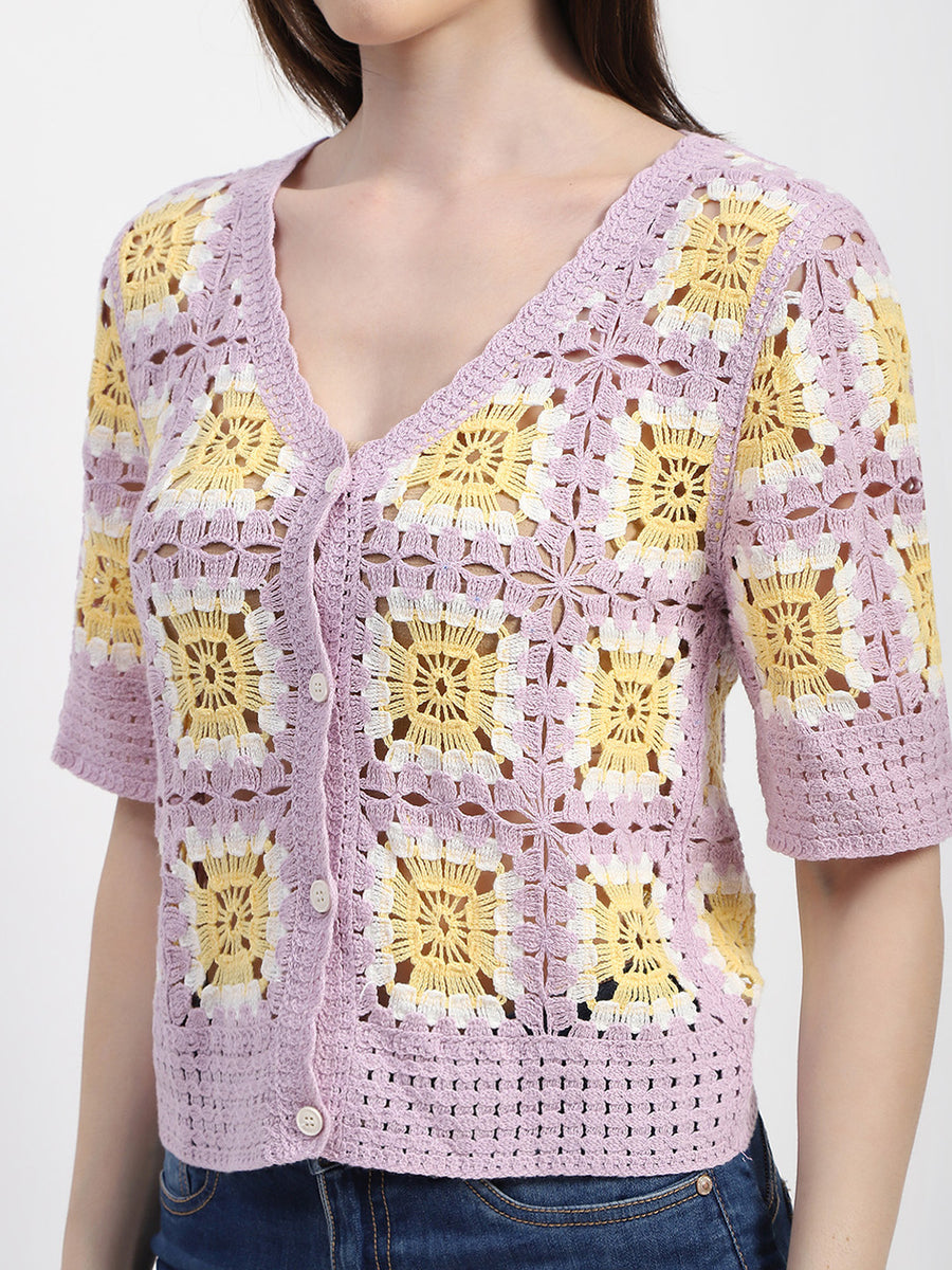 Madame Crochet Knit Button-Down Mauve Cotton Crop Top