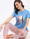 mSECRET Blue Cotton T-Shirt and Printed Pajama Night Suit Set