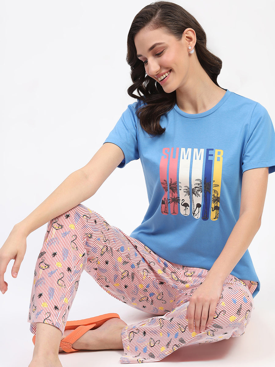 mSECRET Blue Cotton T-Shirt and Printed Pajama Night Suit Set