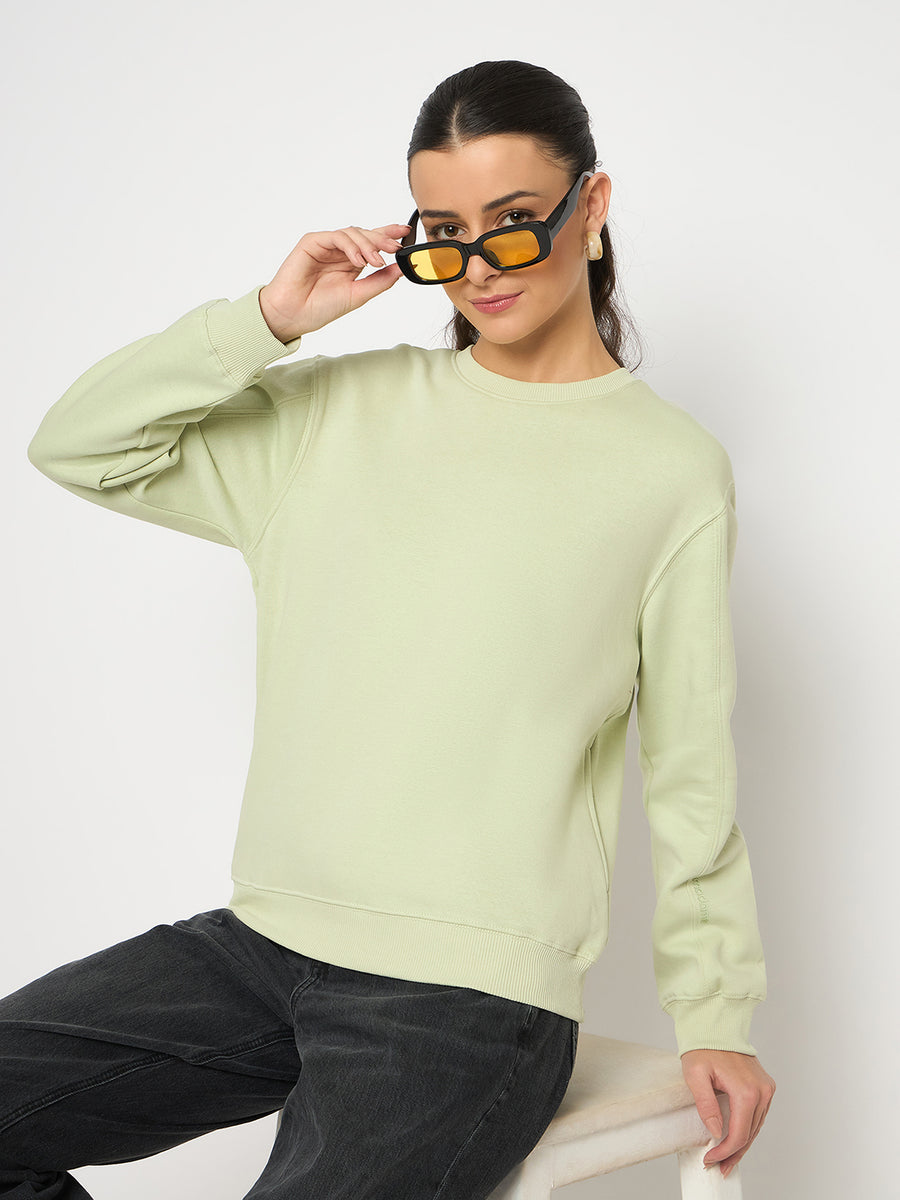 Madame Cotton Blend Solid Apple Green Sweatshirt