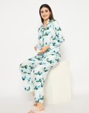 mSECRET Printed Notch Lapel Top and Bottom Teal Night Suit