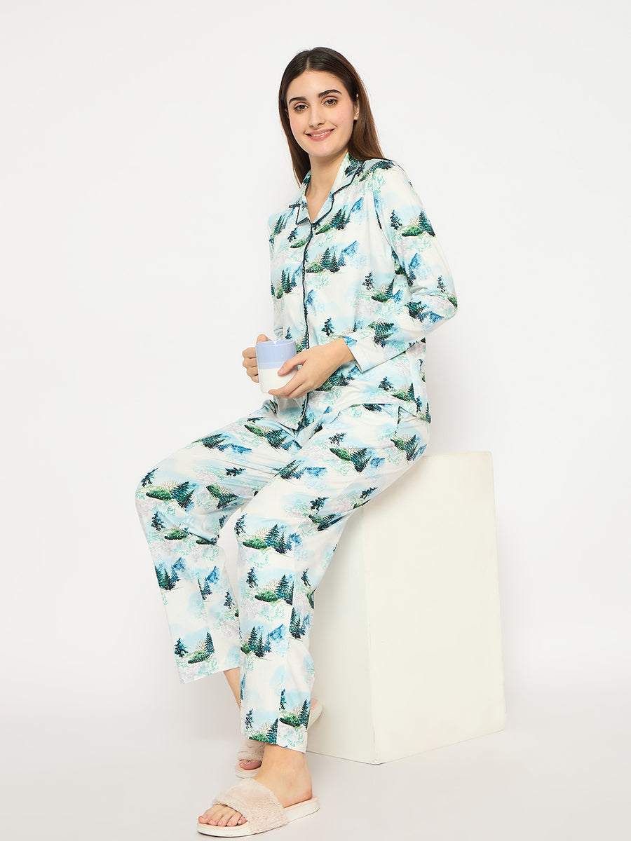 mSECRET Printed Notch Lapel Top and Bottom Teal Night Suit