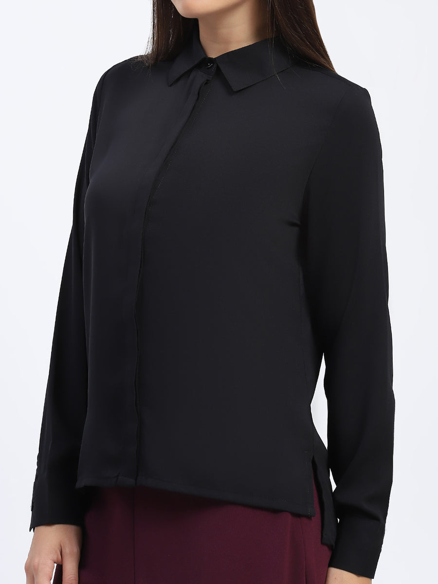 Madame Button Down Solid Black Shirt