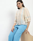 Madame Bridgerton Embroidered Mock Neck Beige Rayon Shirt