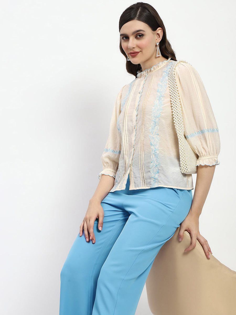 Madame Bridgerton Embroidered Mock Neck Beige Rayon Shirt