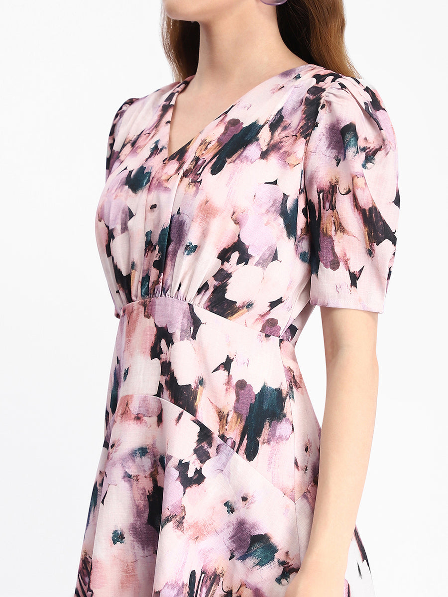 Madame Floral Print Puff Sleeve Mauve Mini Rayon Blend Dress