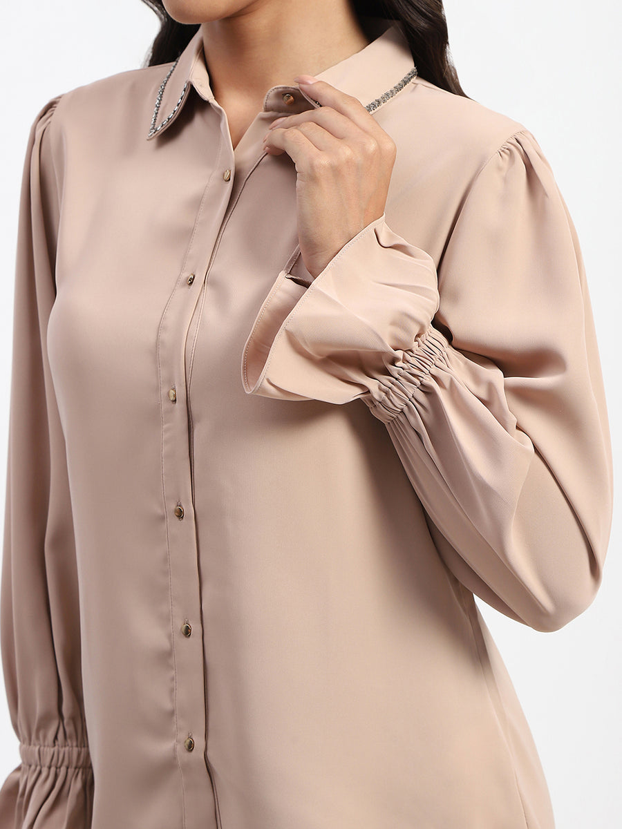 Madame Embellished Beige Button Down Shirt