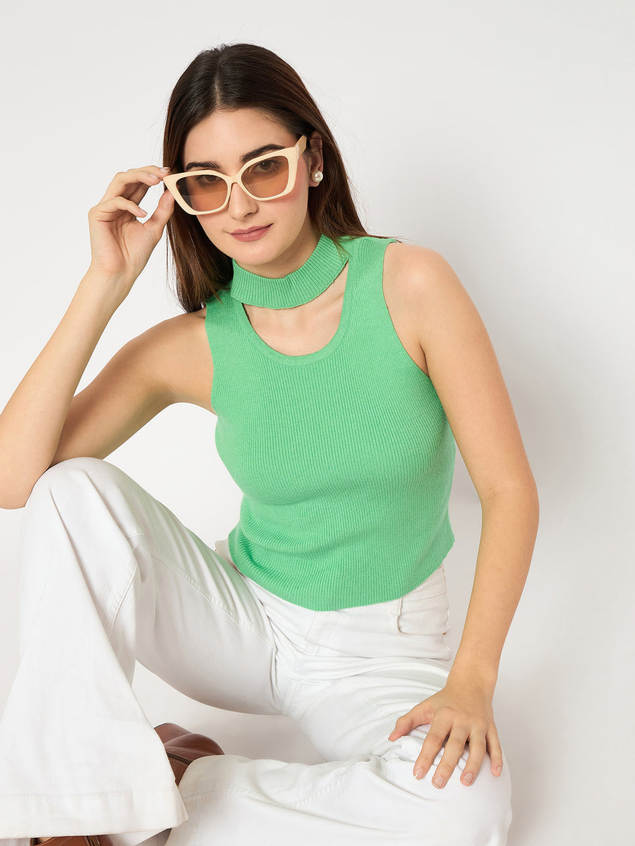 Madame Green Ribbed Sleeveless Cutout Sweater