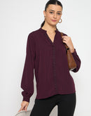 Madame Embellished Striped Cuff Sleeved Plum Top