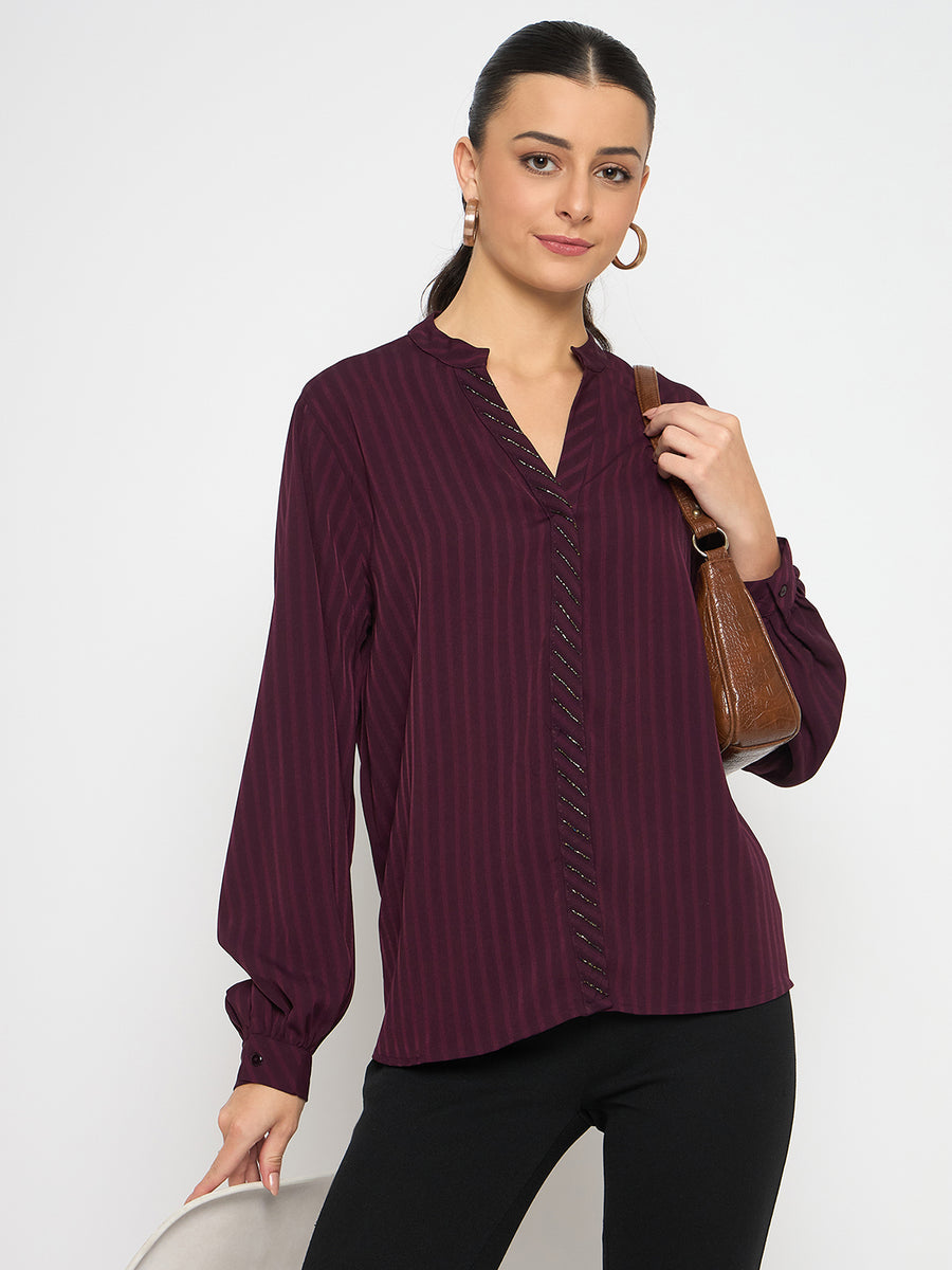 Madame Embellished Striped Cuff Sleeved Plum Top