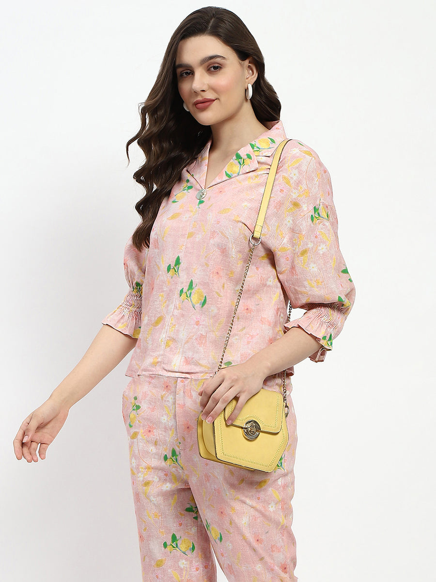 Madame Floral Print Cotton And Linen Peach Co-Ord Set