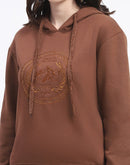 Madame Fleece Embroidered Closed Brown Hooded Sweatshirt For Women