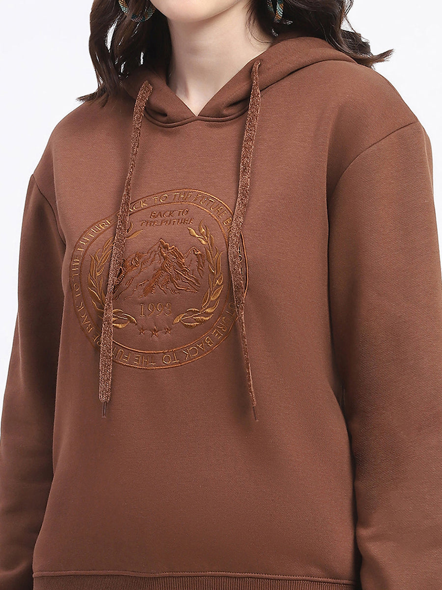 Madame Fleece Embroidered Closed Brown Hooded Sweatshirt For Women