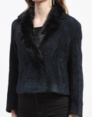 Madame Teal Fur Lapel Notch Coat