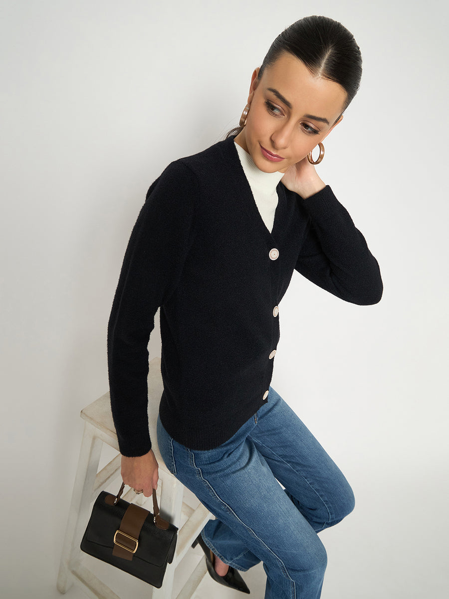 Madame V Neck Solid Black Cardigan