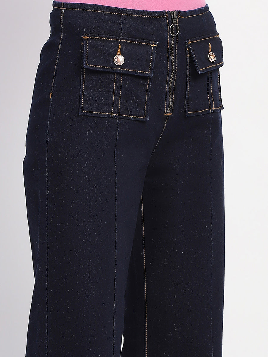 Madame Zipped Flap Patch Flared Carbon Blue Denim