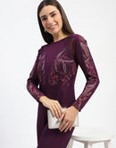 Madame Plum Embellished Mesh Wine Jumpsuit with Long Sleeves